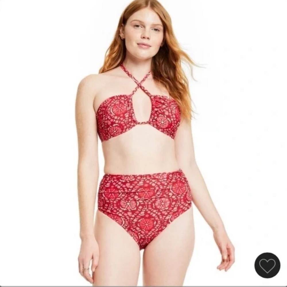 Swim Bottoms ONLY 1X High Waisted Full Coverage Red Paisley Preppy Boho Floral